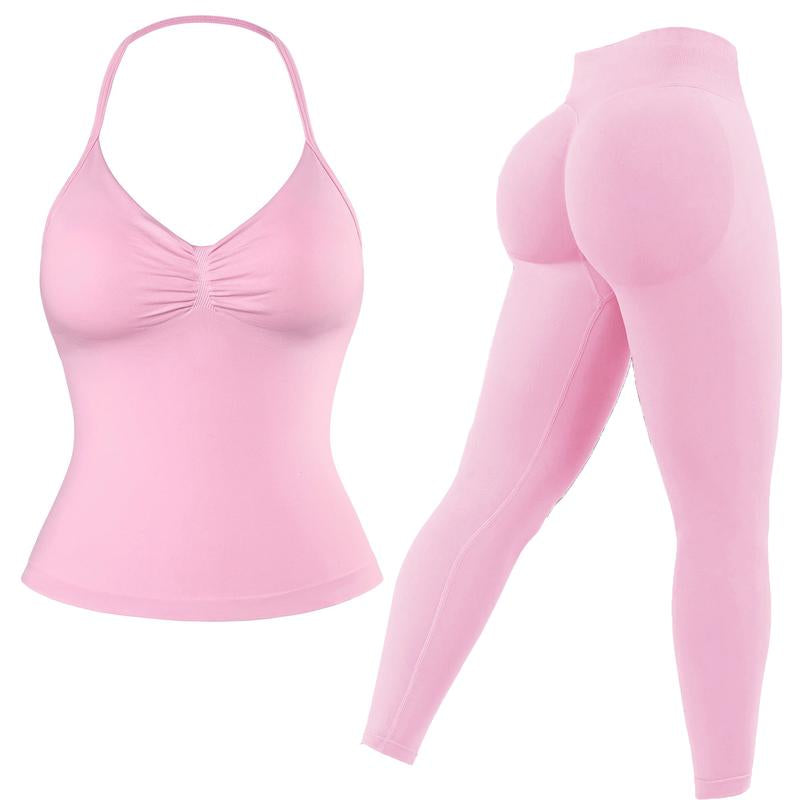 2 Pieces Workout Set Halter Neck Sport Bra Hidden Scrunch Leggings 