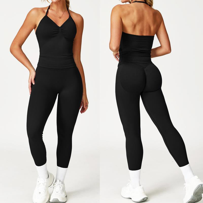 2 Pieces Workout Set Halter Neck Sport Bra Hidden Scrunch Leggings 