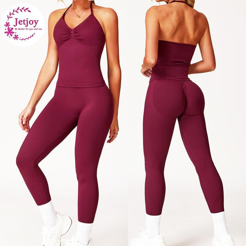 2 Pieces Workout Set Halter Neck Sport Bra Hidden Scrunch Leggings 