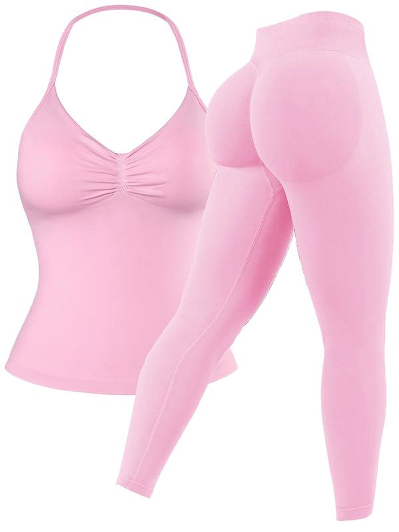 2 Pieces Workout Set Halter Neck Sport Bra Hidden Scrunch Leggings 